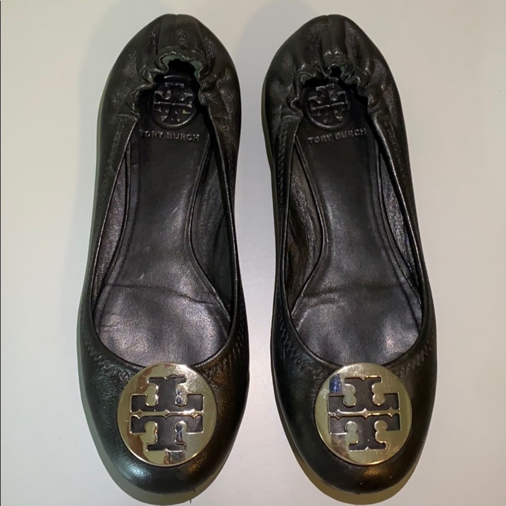 Tory Burch Reva Black Leather Silver Logo Flats